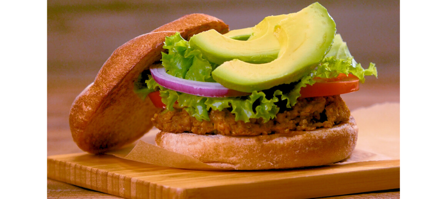 White bean and quinoa burgers with avocado