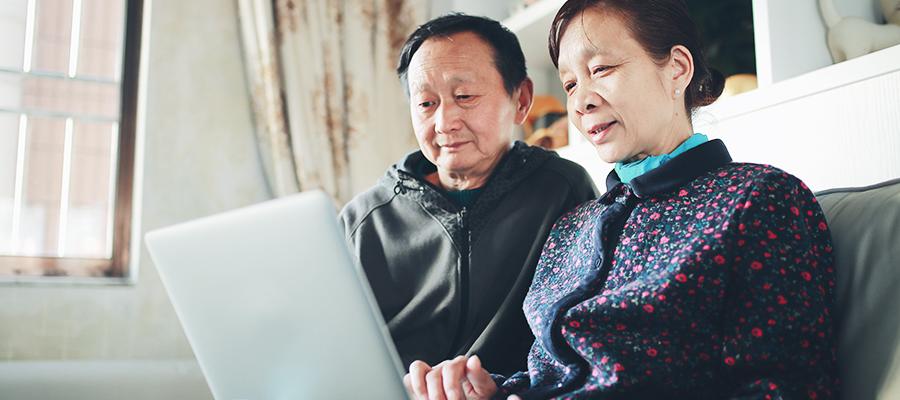 Senior couple using laptop on couch 