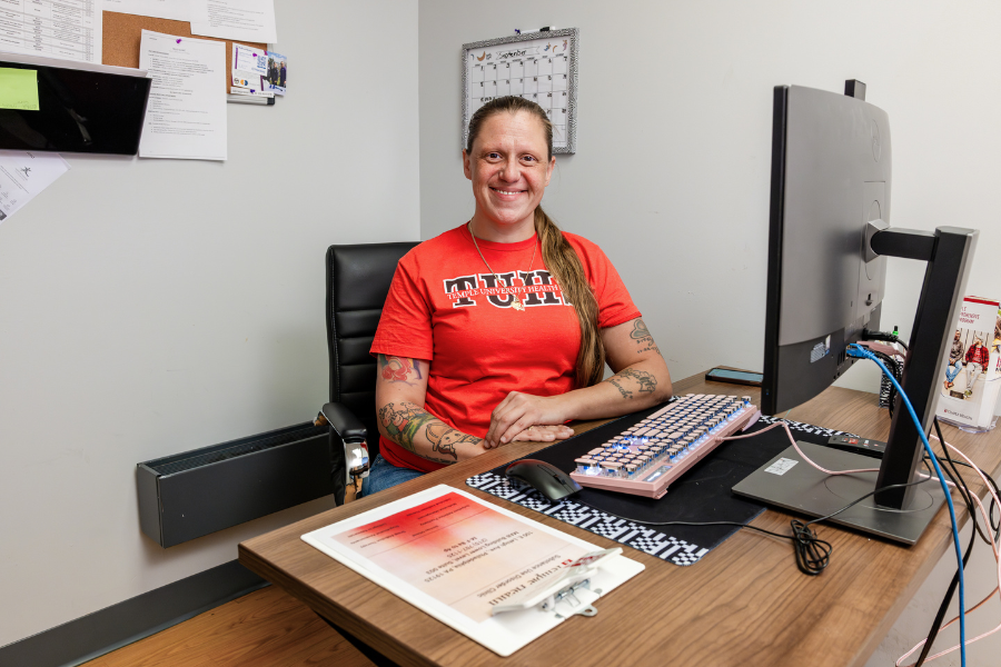 Gehan at her desk at Episcopal's Substance Use Disorder Clinic.