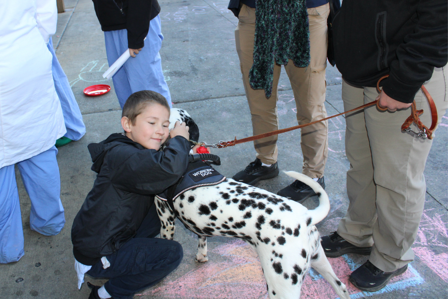 A Bethune Elementary School student has a special bonding moment with Crisis Response Canine Kona. 