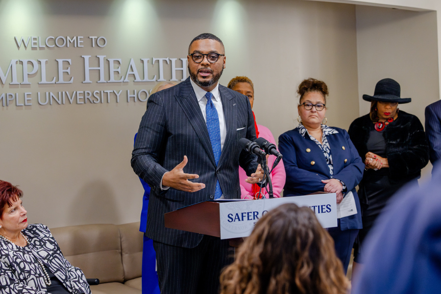 Lt. Governor Austin Davis delivers a press conference at TUH-Main Campus announcing that the Pennsylvania Commission on Crime and Delinquency has earned a $4 million competitive grant from the US Department of Justice to expand hospital-based violence intervention programs.
