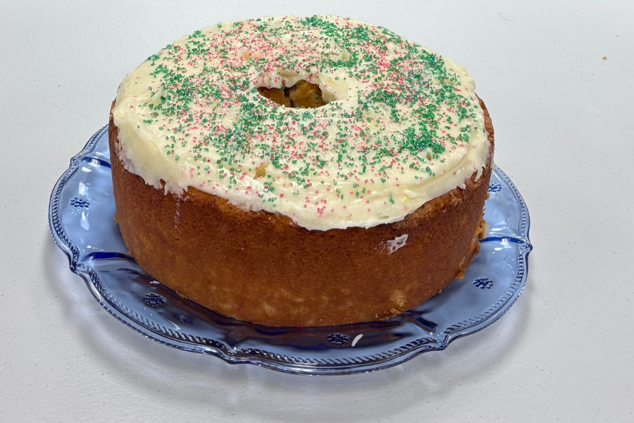 Joe Fay (Physical Therapy)’s lemon pound cake with a lemon cream cheese glaze and sprinkles.