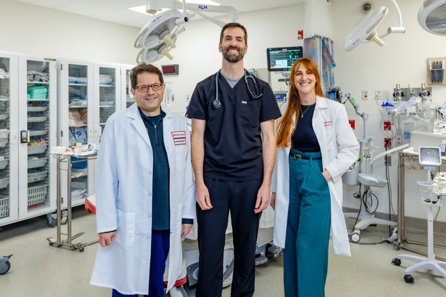 (From left to right): Derek L. Isenberg, MD, Professor of Emergency Medicine; Brendan Hart, MD, PhD, Assistant Professor of Clinical Emergency Medicine; and Lauren T. Murphy, MD, Assistant Professor of Clinical Emergency Medicine and Medical Toxicology, who teamed up to treat a patient who had been bitten by a monocled cobra.
