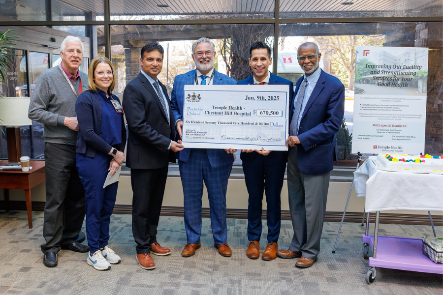 (From left) Temple Health President & CEO Michael A. Young, MHA, FACHE; Clinical Director of Infusion Services Jennie Gilliland, MSN, RN, OCN; Executive VP of Temple University Health System and President & CEO of Temple University Hospital Abhi Rastogi, MBA, MIS; President & CEO of Temple Health-Chestnut Hill Hospital Richard Newell, MPT, DPT; PA State Rep Tarik Khan; and PA State Senator Art Haywood celebrate the allocation of capital funding from the Commonwealth to Temple Health-Chestnut Hill Hospital