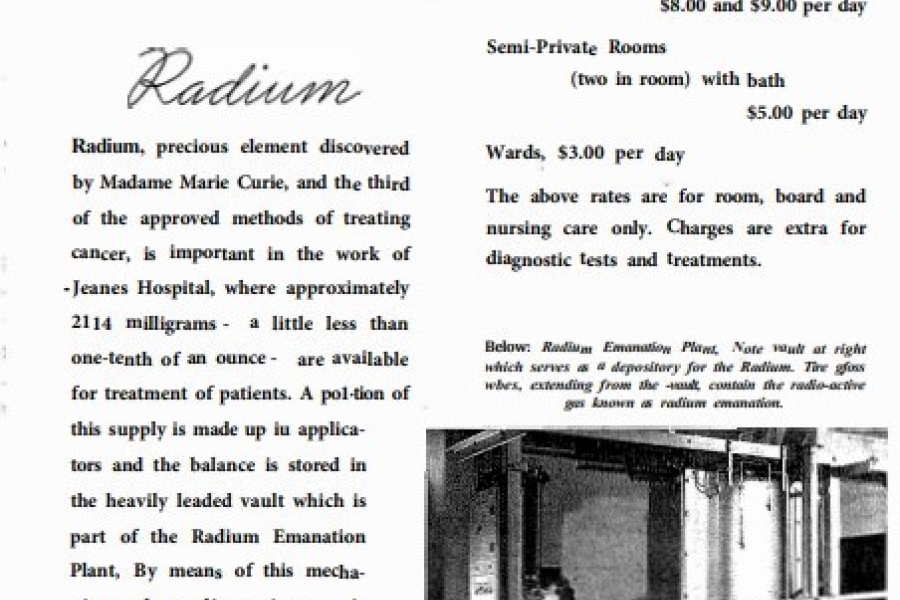 An article on the radium that was stored and utilized at Jeanes, published in a 1938 Jeanes Hospital brochure.