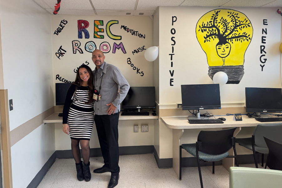 Behavioral Health Therapists Alexandria “Lexi” Thomas and Michael Wilson in the new patient Rec Room.