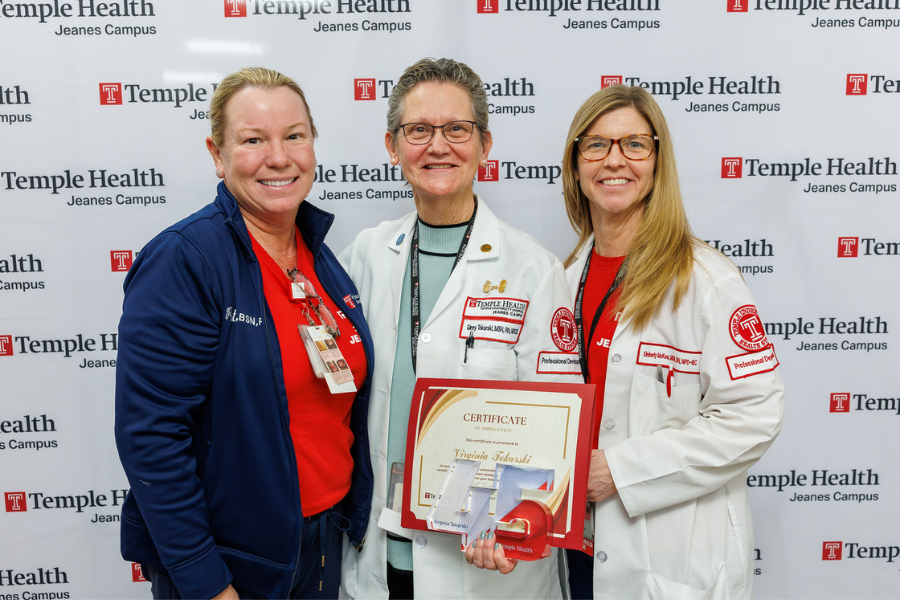 Education Department Coordinator Virginia Tokarski, MHA, MSN, RN, NPD-BC (center) celebrates 45 years at Temple Health with two of her colleagues.