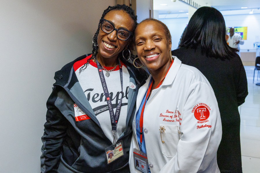 Bronchoscopy and Pulmonary Function Supervisor Tanya Cofield (left) and Dionne Tyler, Director of Laboratory Operations for Anatomic Pathology (right), celebrate 20 and 25 years with Temple Health, respectively. 
