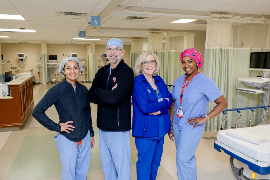 Jasjit Beausang, Dr. John Kissko, Peggy White, and Ashli Parr who participated in an OR simulation at the new hospital. 