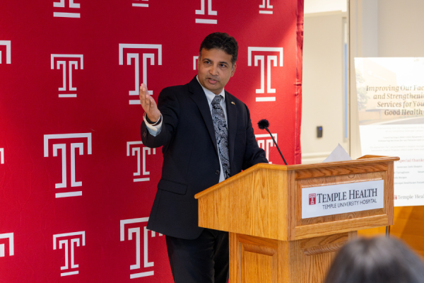 Abhi Rastogi, MBA, MIS, Executive Vice President of Temple Health and President & CEO of Temple University Hospital, Inc., delivers remarks at the ceremony.