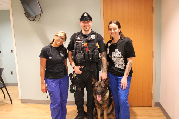 Falko with Emergency Department nurses Dara Delcollo, MSN, RN and Heather Jaramillo, BSN, RN.