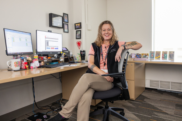 Rowe at her desk in her office.