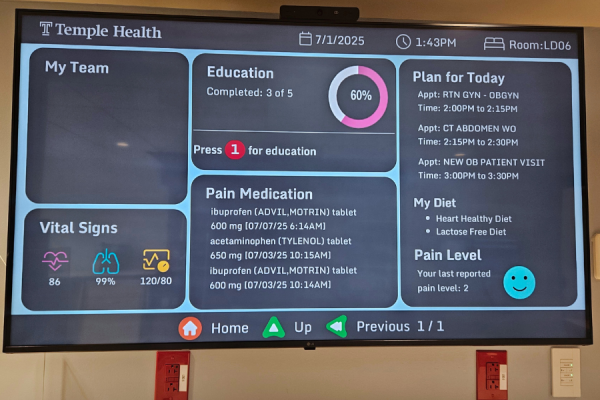 All the information from a patient’s chart appears on their room’s TV, thanks to pCare’s integration with our EMR system
