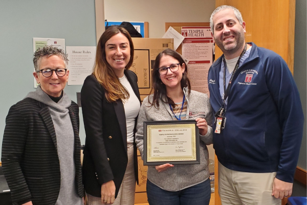 Dr. Holly Greenwald (center right) with Claire Raab, MD, President & CEO of Temple Faculty Physicians (center left); Amy J. Goldberg, MD, FACS, The Marjorie Joy Katz Dean of the Lewis Katz School of Medicine at Temple University (far left); and Dr. Ehrlich.