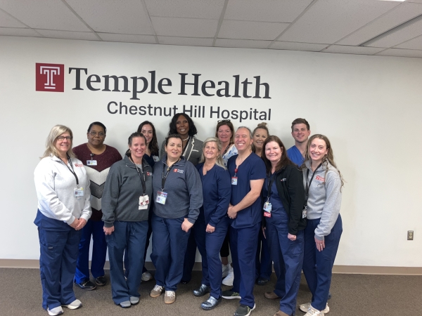 Chestnut Hill’s Nursing leadership team with their ‘365 days CLABSI-free’ pins. Back row: Wendy Campbell, Kalyn Murphy, Kim Talley, Julie Munger, Deirdre McNally, and Cody Gideon. Front row: Michelle Hopwood, Melissa Leach, Sevi Verdhi, Stacie Maiers, Miguel Gomez, Jen White, and Liz Curran.