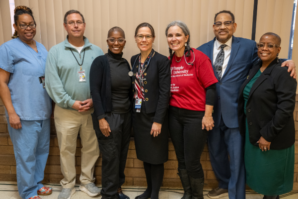 (From left to right) Dr. Abiona Berkeley; Jeffery Henderer, MD, Dr. Edward Hagop Bedrossian Chair and Professor, Department of Ophthalmology; April Baidal, FNP, Dr. O’Connor; Christy Santoro, CPM, MAUB; Dr. Cornelius Pitts; Melanie Cosby, PhD, Assistant Professor in the Center for Health Justice and Bioethics and Director of the Office of Strategic Partnership in Health, Education, and Resources.